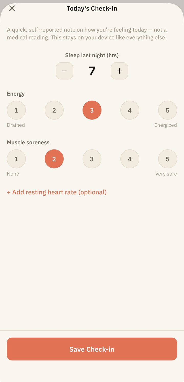Yuktisa Fit daily readiness check-in: hours of sleep last night, energy level, and muscle soreness ratings, with an optional resting heart rate