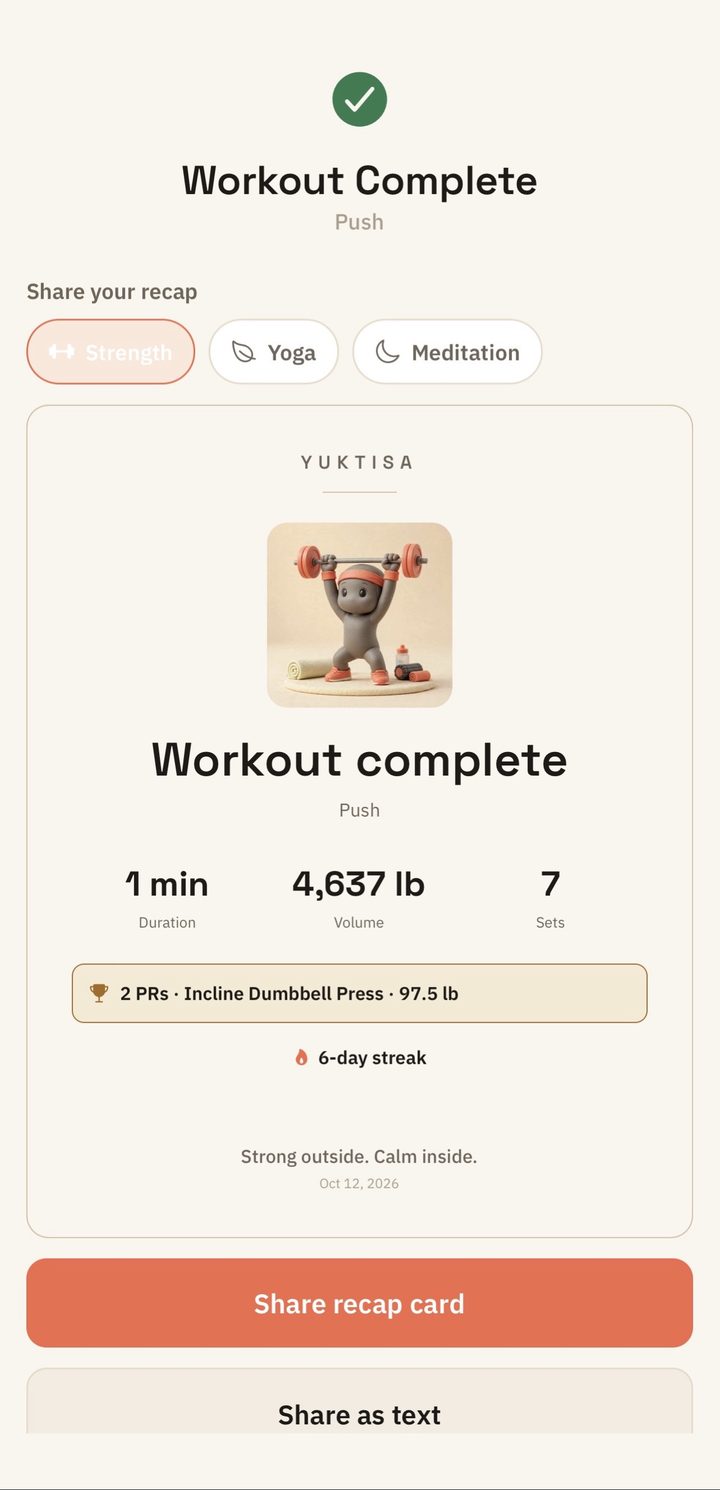 Yuktisa Fit workout-complete share card: the Yuki figurine lifting a barbell, with session duration, total volume, sets, two personal records, and a six-day streak