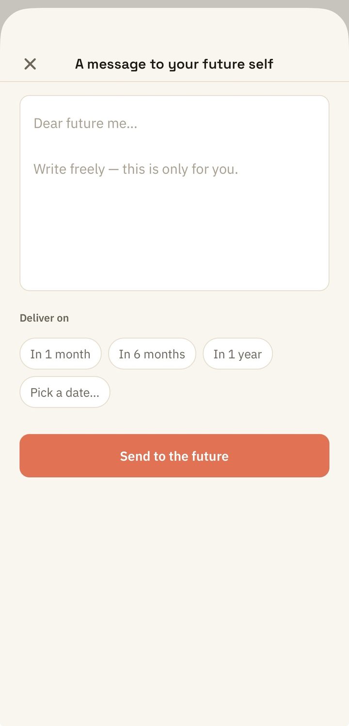 Yuktisa Journal future-self letter screen: writing a message to your future self, with delivery choices of one month, six months, one year, or a picked date