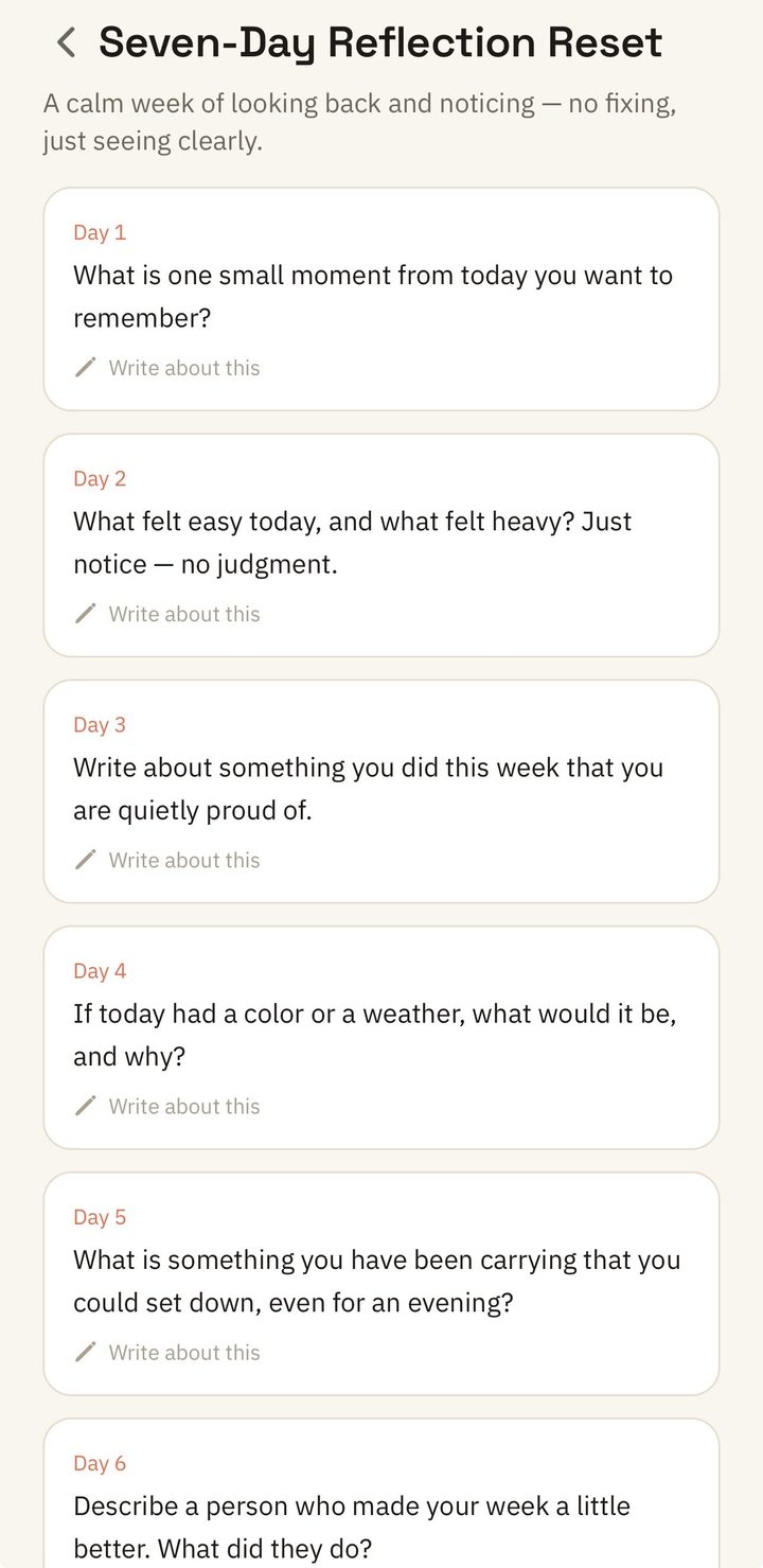 Yuktisa Journal Seven-Day Reflection Reset program: a calm week of daily guided prompts, from small moments worth remembering to things you could set down