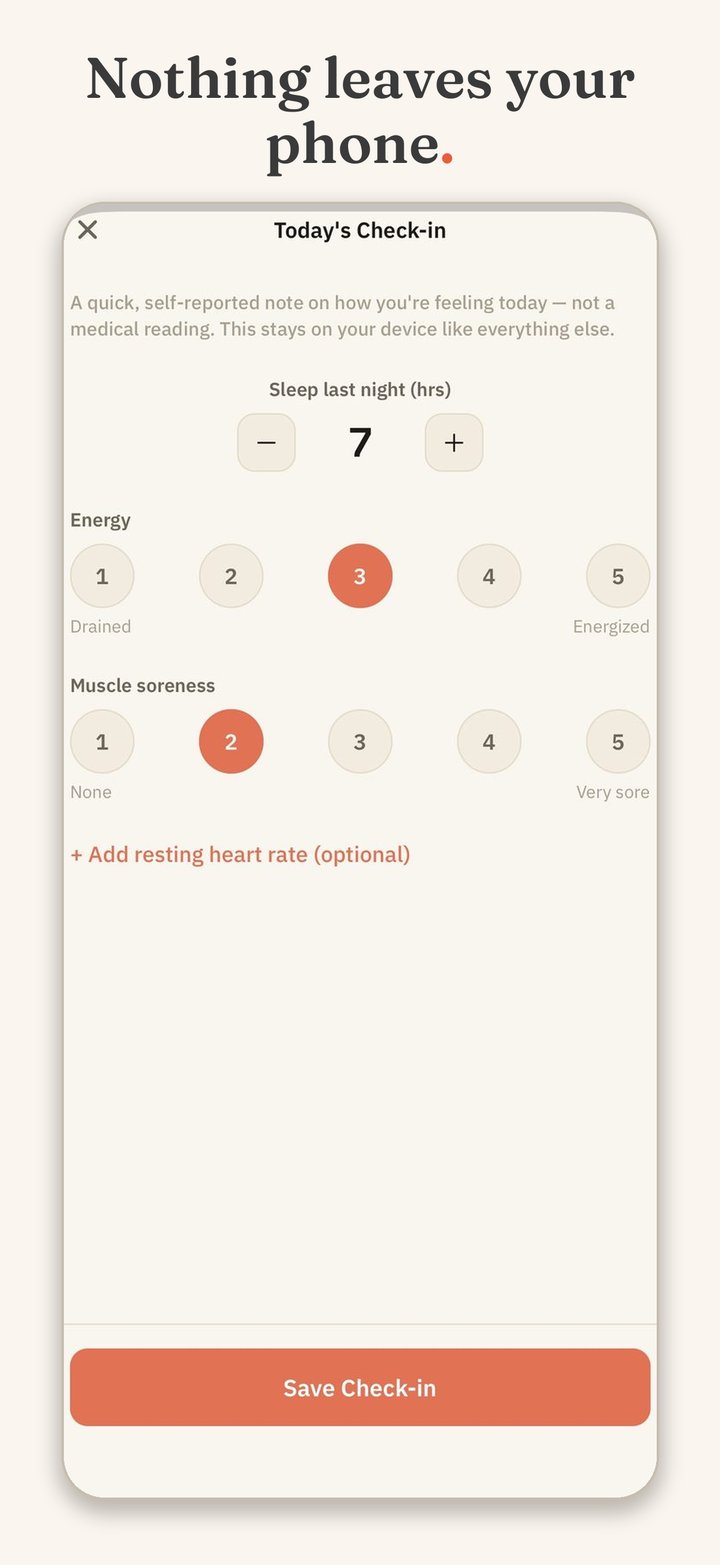 Yuktisa Fit readiness check-in screen: sleep, energy, and soreness ratings, with the app's own note that this stays on your device