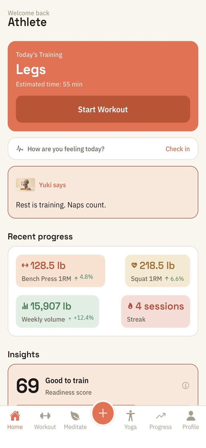 Yuktisa Fit home screen: today's training, recent progress with bench press and squat one-rep-max trends, a four-session streak, and a readiness score of 69