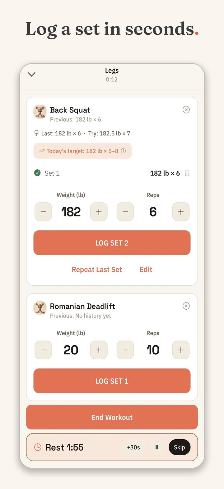 Yuktisa Fit workout logging screen: weight and reps set steppers, a log set button, and the rest timer during a legs session