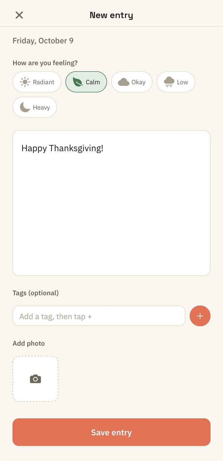 Yuktisa Journal new entry screen: a mood picker with Radiant, Calm, Okay, Low, and Heavy, a writing area, optional tags, and an add-photo option