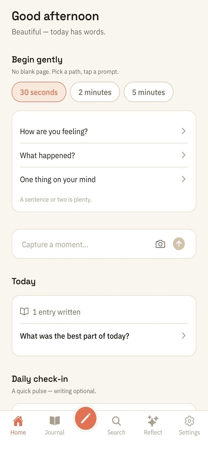 Yuktisa Journal home screen: a gentle afternoon greeting, writing prompts, a quick capture box, today's prompt, and a daily check-in