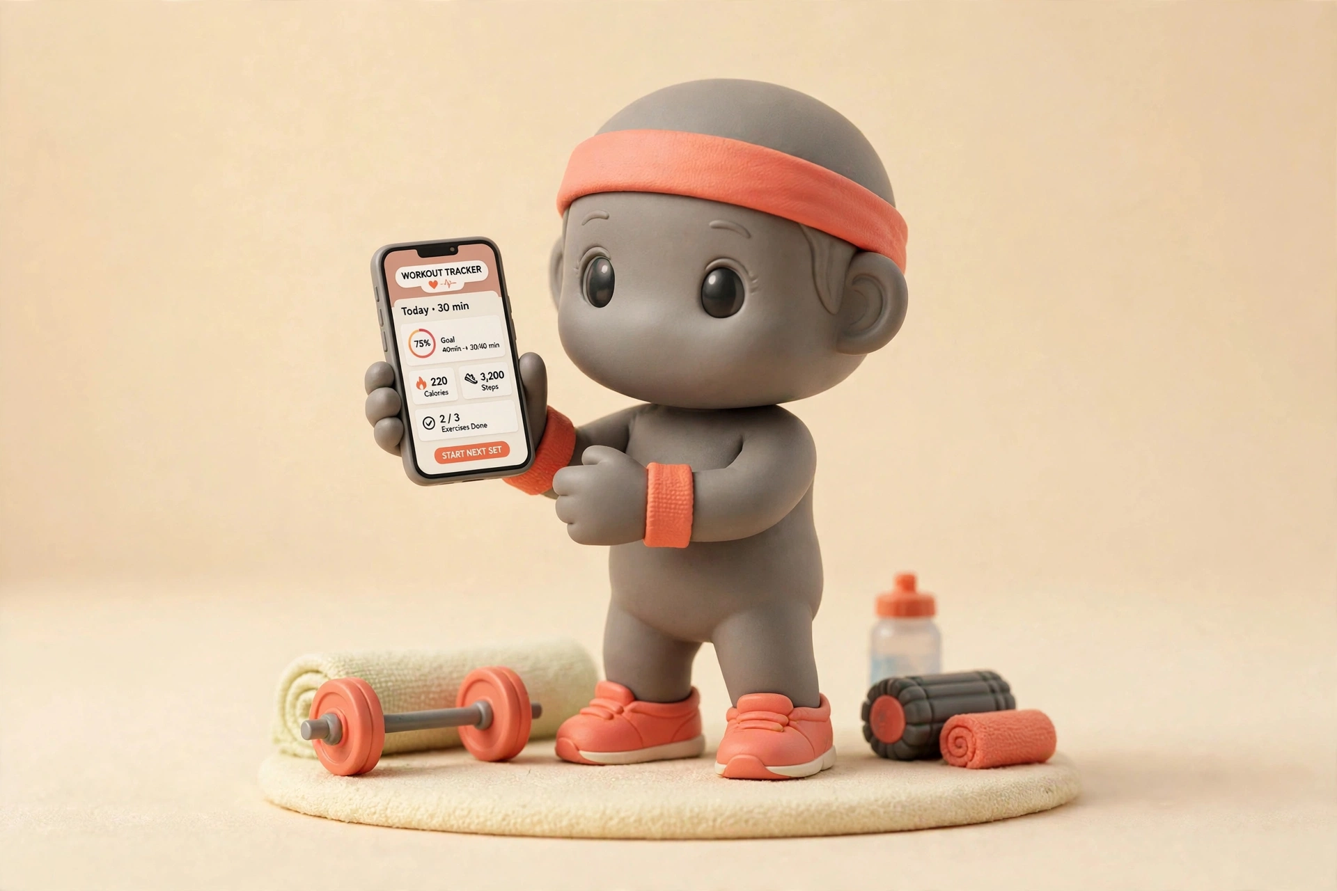 Yuki, the Yuktisa character, a small charcoal figurine with coral accents holding a phone